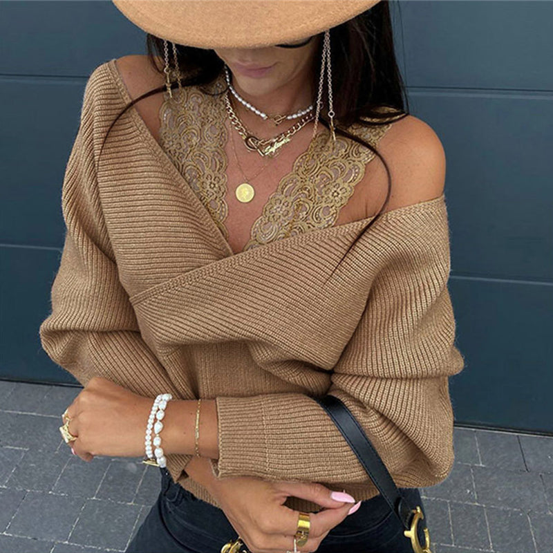 Women's Off-Shoulder Lace Trim Top, Slim Fit Long Sleeve Sexy Y2K Blouse