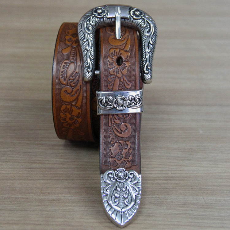 First layer cowhide small rose carved ladies belt