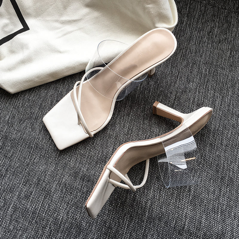 Square Toe Transparent Sandals Women Stiletto Mid-heel All-match Brown High Heels