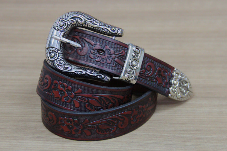 First layer cowhide small rose carved ladies belt
