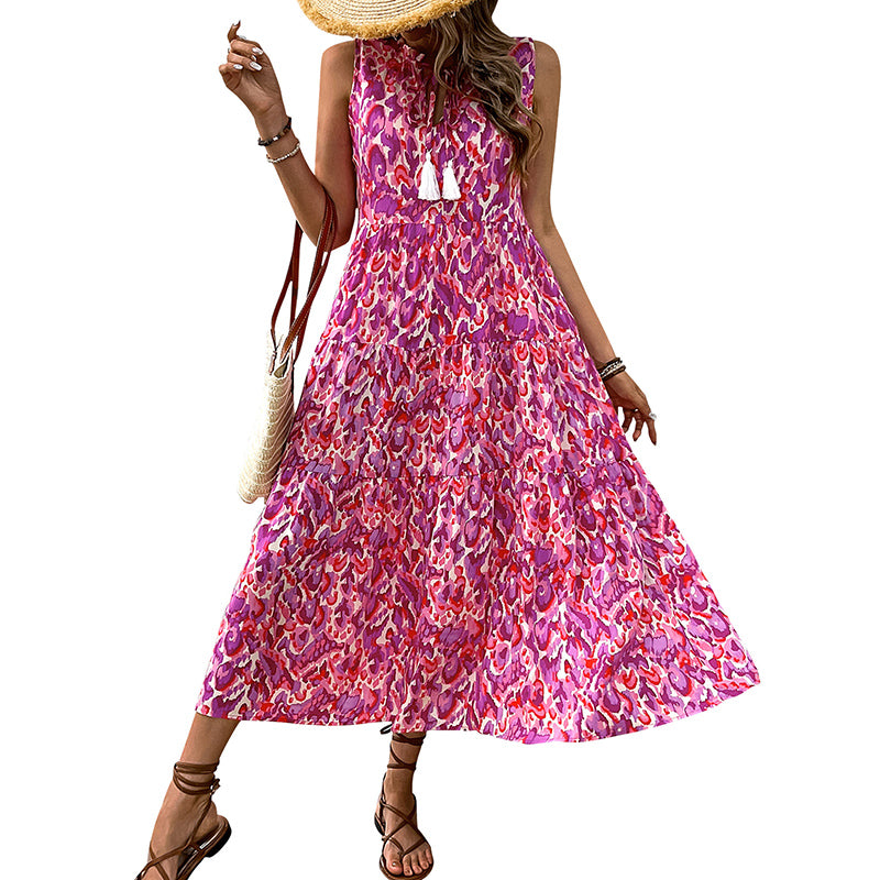 Women's Bohemian Sleeveless Tassel Tie-Dye Maxi Dress Spring Summer Casual Sundress