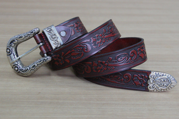First layer cowhide small rose carved ladies belt
