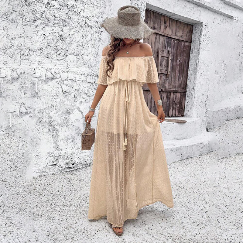 Womens Off The Shoulder Ruffle Party Dresses Side Split Beach Maxi Dress