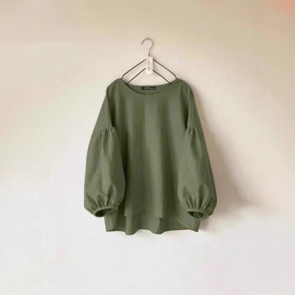 Women's Loose-fit Vintage Crew-neck Shirt With Puff Sleeves