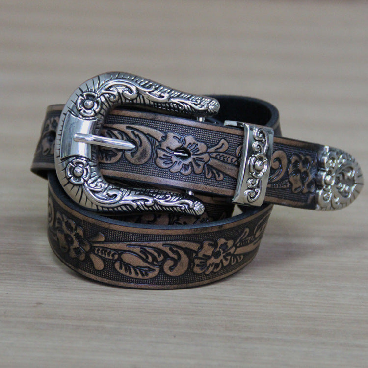 First layer cowhide small rose carved ladies belt