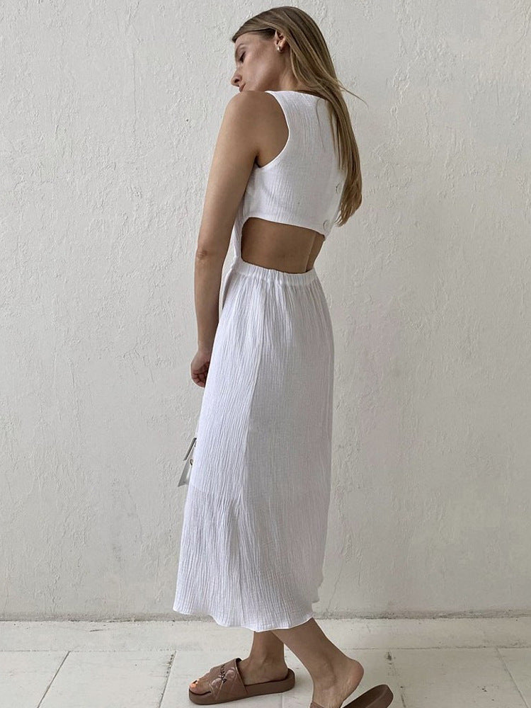 Fashion Casual Back Single Breasted Waist Revealing Design Sundress