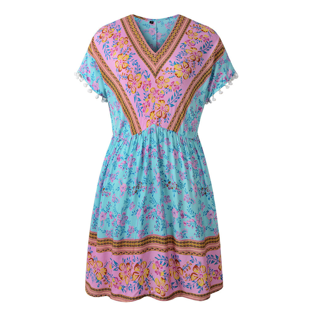 Cotton Summer Women's Short Sleeve V Neck Boho Floral Dress