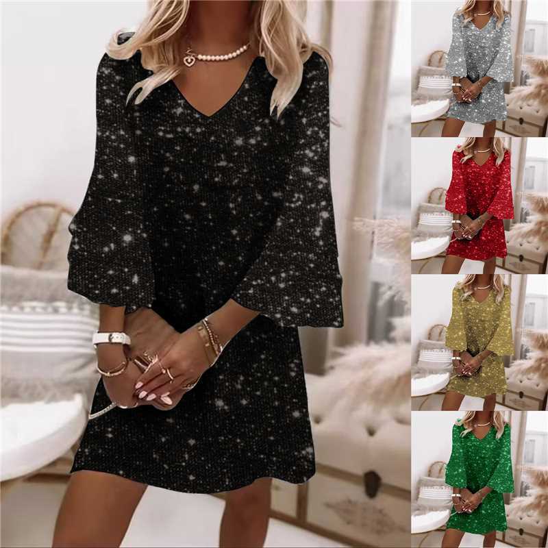 Women's Solid Color V-Neck Bell Sleeve Midi Dress With Sequin Detail, Casual Party Dress For Spring Autumn Occasions