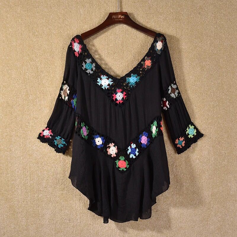Amazon AliExpress Hot Selling Product Boho Hollow Out Hand Crocheting Flower Bikini Loose Beach Cover-up