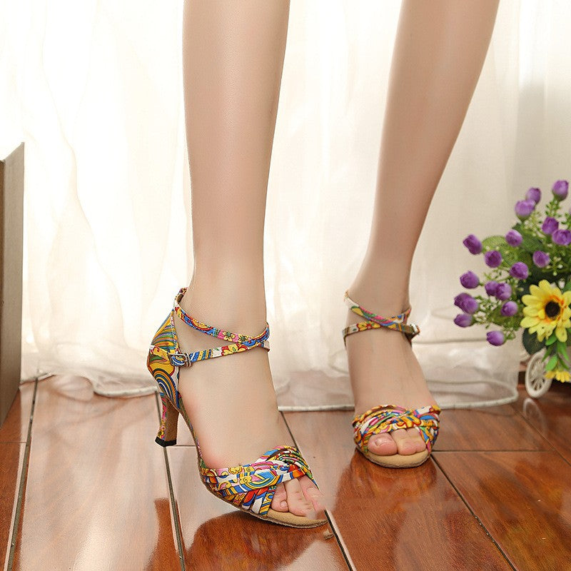 Printed Satin Latin Dance Shoes High Heels