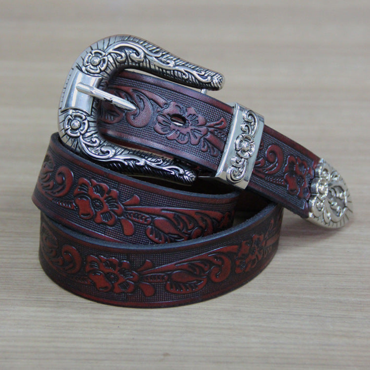 First layer cowhide small rose carved ladies belt