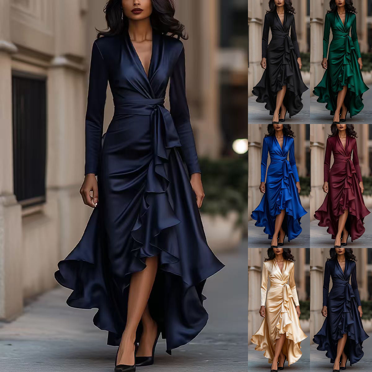 Satin V Neck Cinched Waist Dress With Ruffled Hem For An Elegant Look