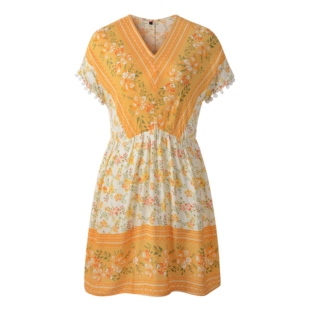 Cotton Summer Women's Short Sleeve V Neck Boho Floral Dress
