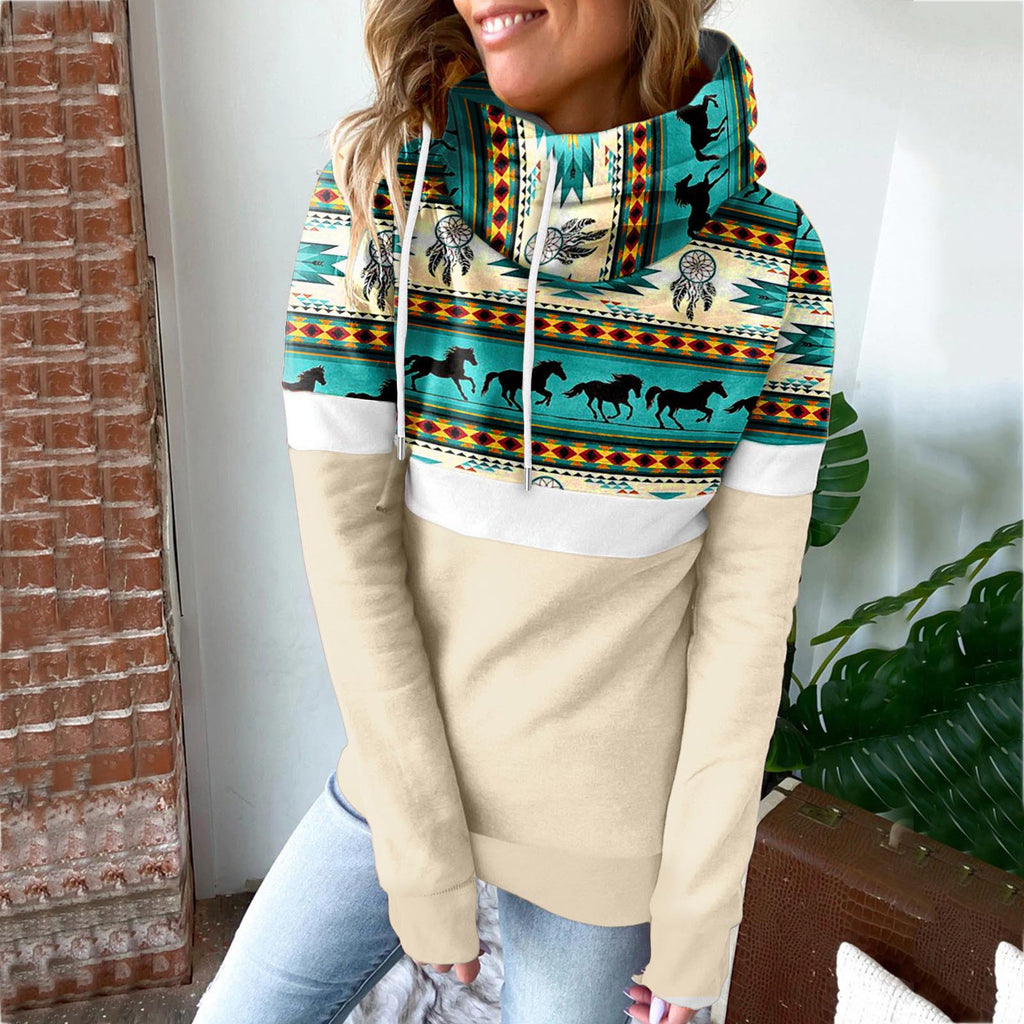Women's Printed Patchwork Hooded Casual Sweatshirt