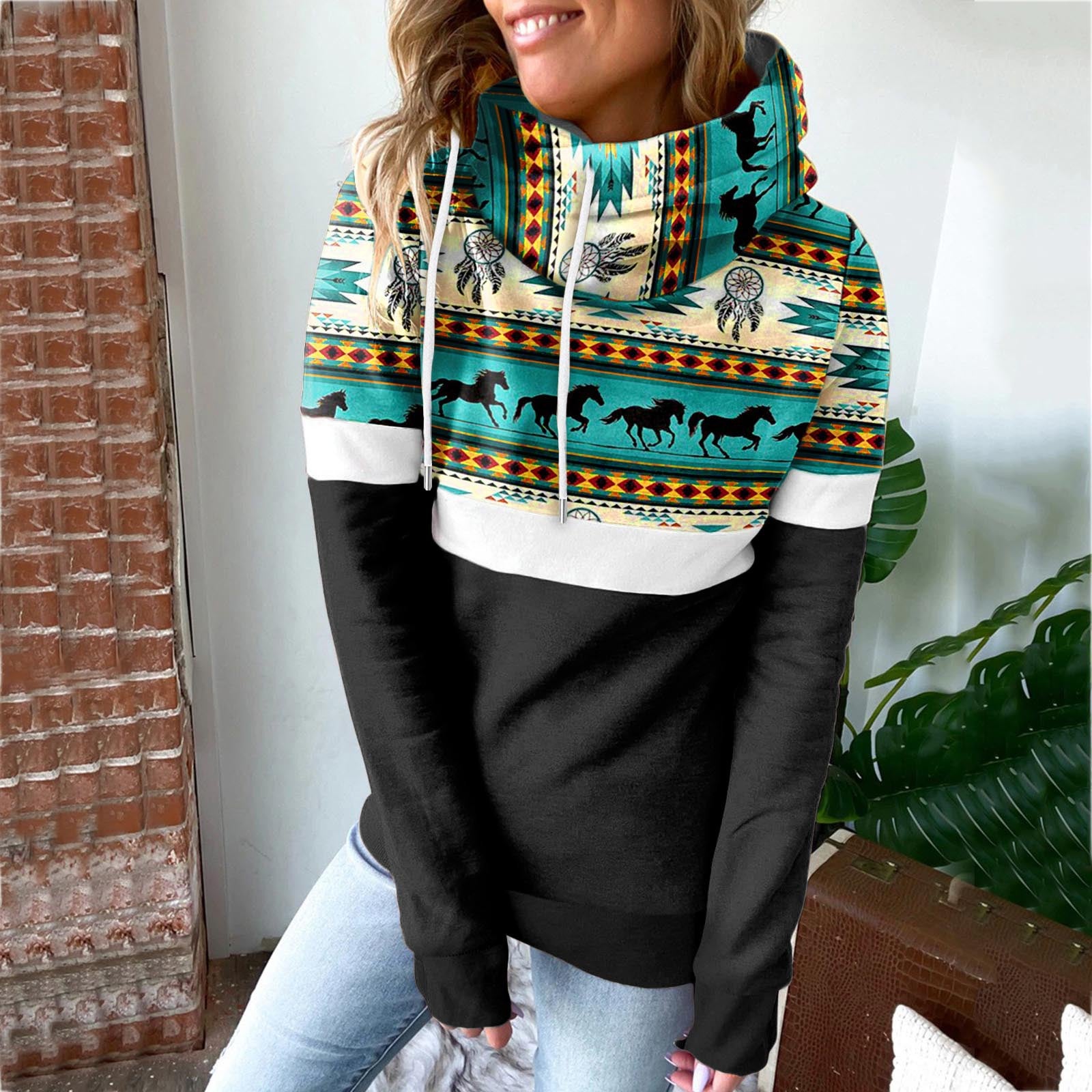 Women's Printed Patchwork Hooded Casual Sweatshirt