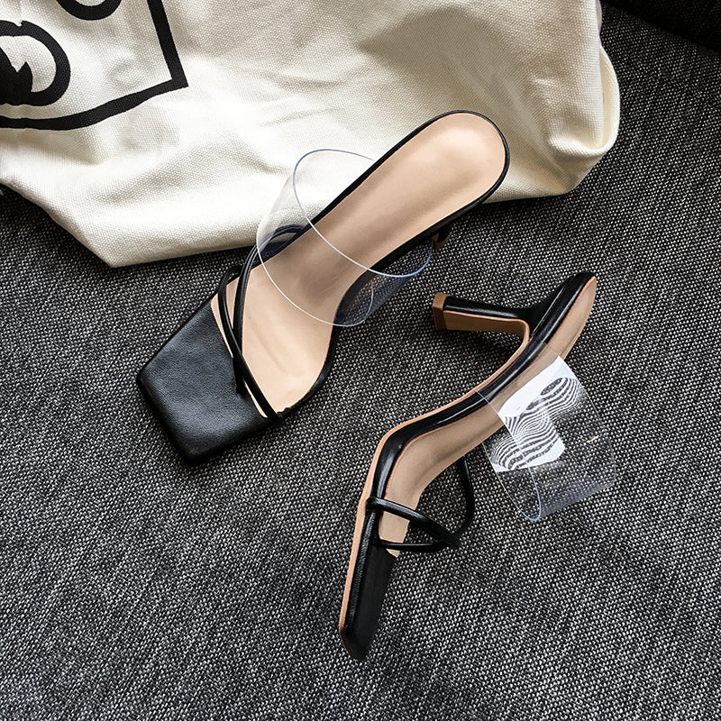 Square Toe Transparent Sandals Women Stiletto Mid-heel All-match Brown High Heels