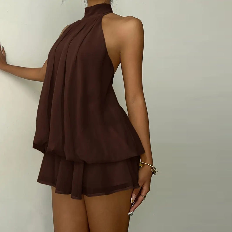 Women's Elegant Halter Mini Dress With Bow Tie Detail Ruffled Design Backless A-Line Summer Dress For Daily & Formal Wear