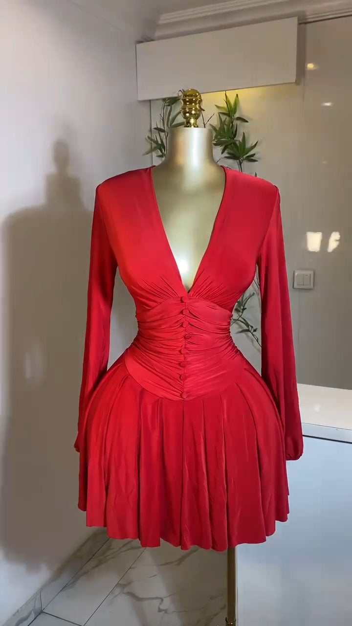 French-style Womens Pleated V-neck Long-sleeve Dress