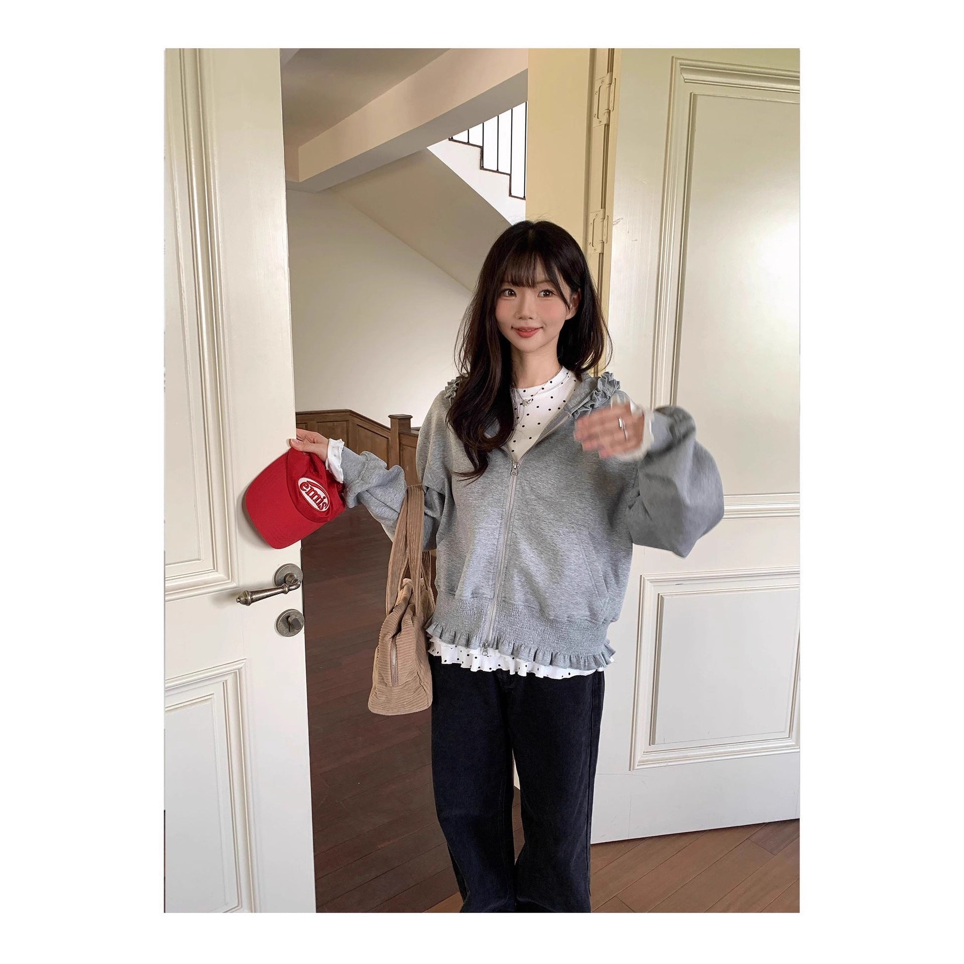 Gray Hooded Sweatshirt With Wood Ear Lace Jacket For Women
