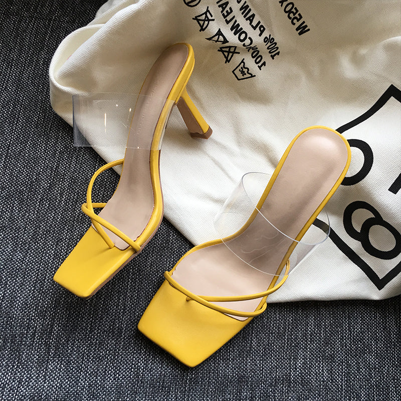 Square Toe Transparent Sandals Women Stiletto Mid-heel All-match Brown High Heels