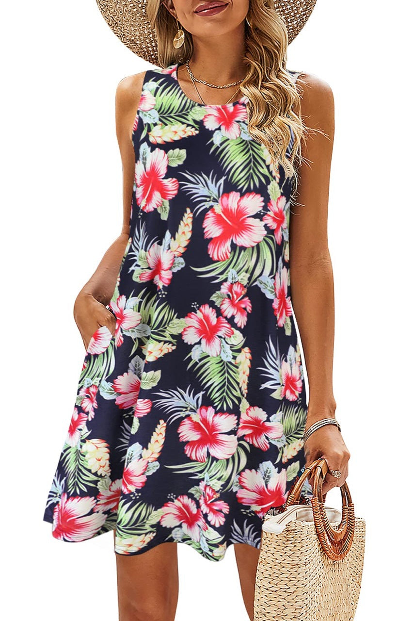 Printed Vest Pocket Dress Women