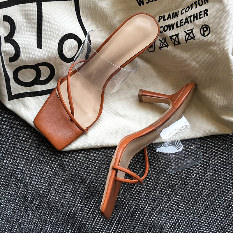 Square Toe Transparent Sandals Women Stiletto Mid-heel All-match Brown High Heels
