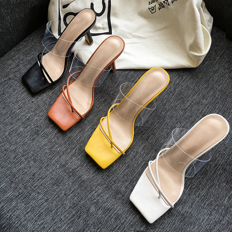 Square Toe Transparent Sandals Women Stiletto Mid-heel All-match Brown High Heels