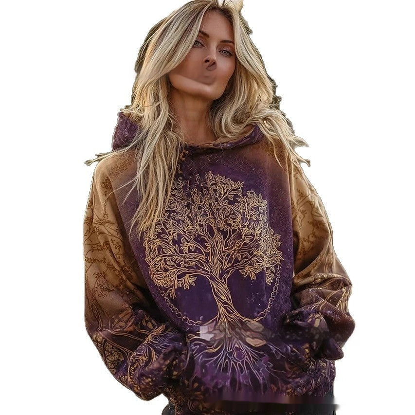 Retro Art Floral Gradient Drawstring Hoodie