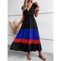 Women's Color Block Maxi Dresses V Neck Sleeveless Tiered Casual Dresses Loose Sundress