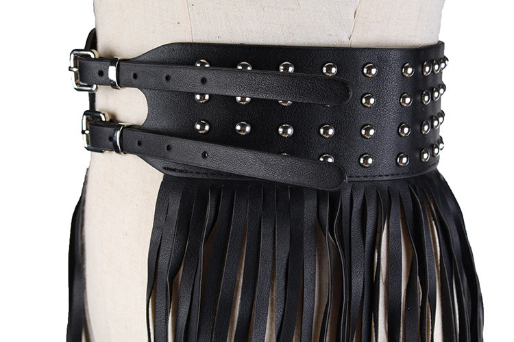 Fantastic Long Fringe Belt Black Leather Designer Belts