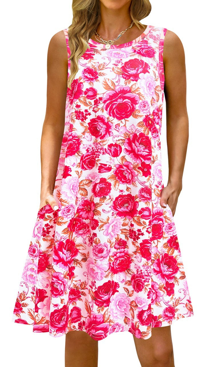 Printed Vest Pocket Dress Women