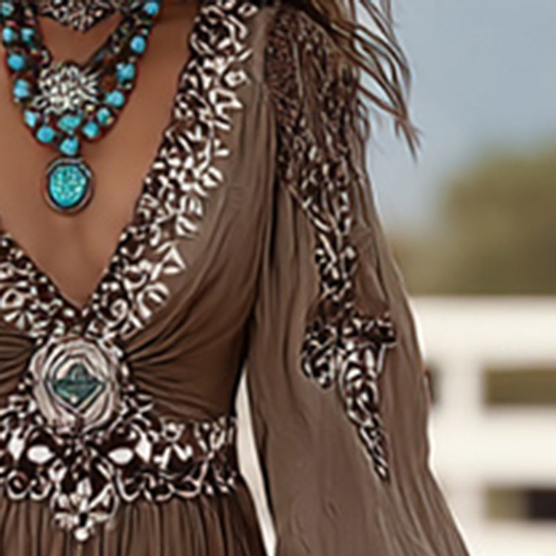 Women's Patchwork V-Neck Dress With Puff Sleeves & Asymmetric Hem, Western Style Flowy Boho Long Dress For Spring Fall