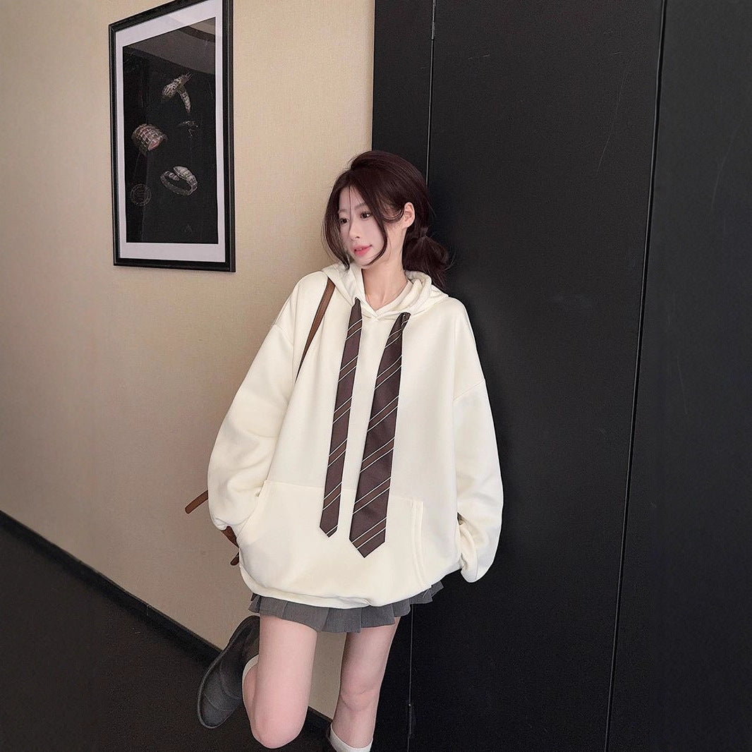 Loose Casual Women's Hooded Tie Sweatshirt