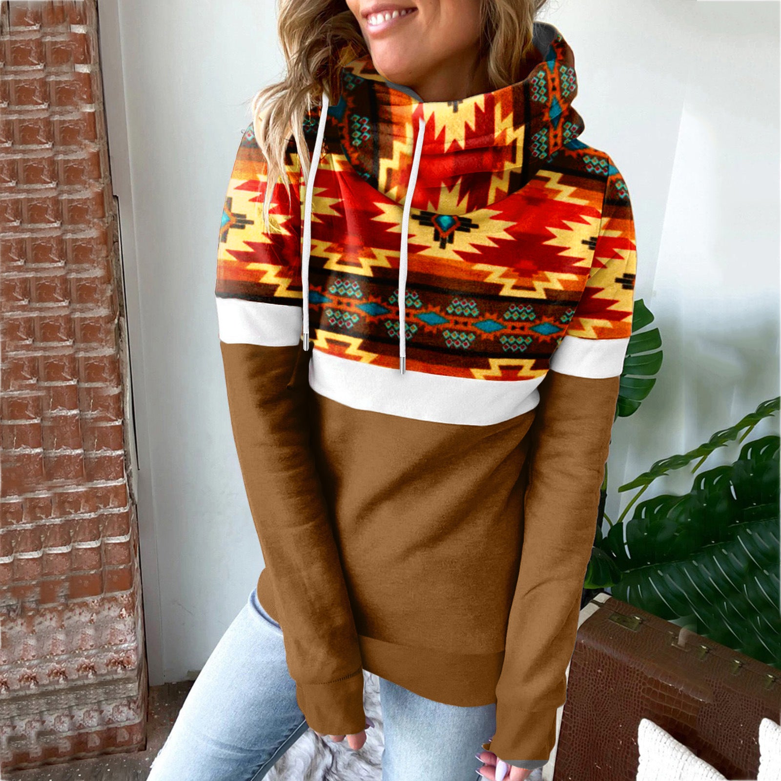 Women's Printed Patchwork Hooded Casual Sweatshirt