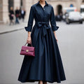 Women's Button Down Midi Dress, Long Sleeve V-Neck Tie Waist Casual Dress