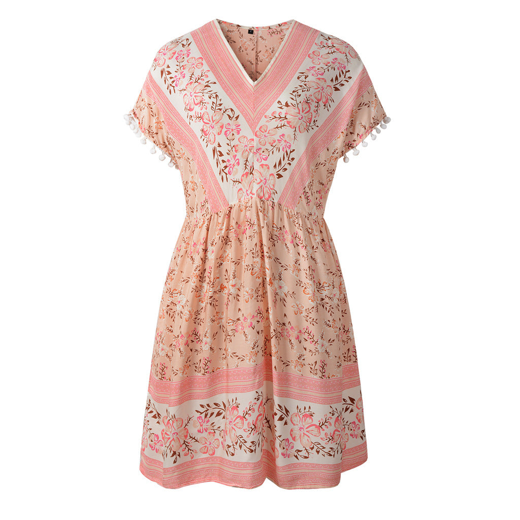 Cotton Summer Women's Short Sleeve V Neck Boho Floral Dress