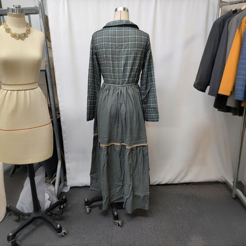 Women's Striped Maxi Dress, Lapel Collar Button Front Long Sleeve A-Line Dress For Camping And Vacation