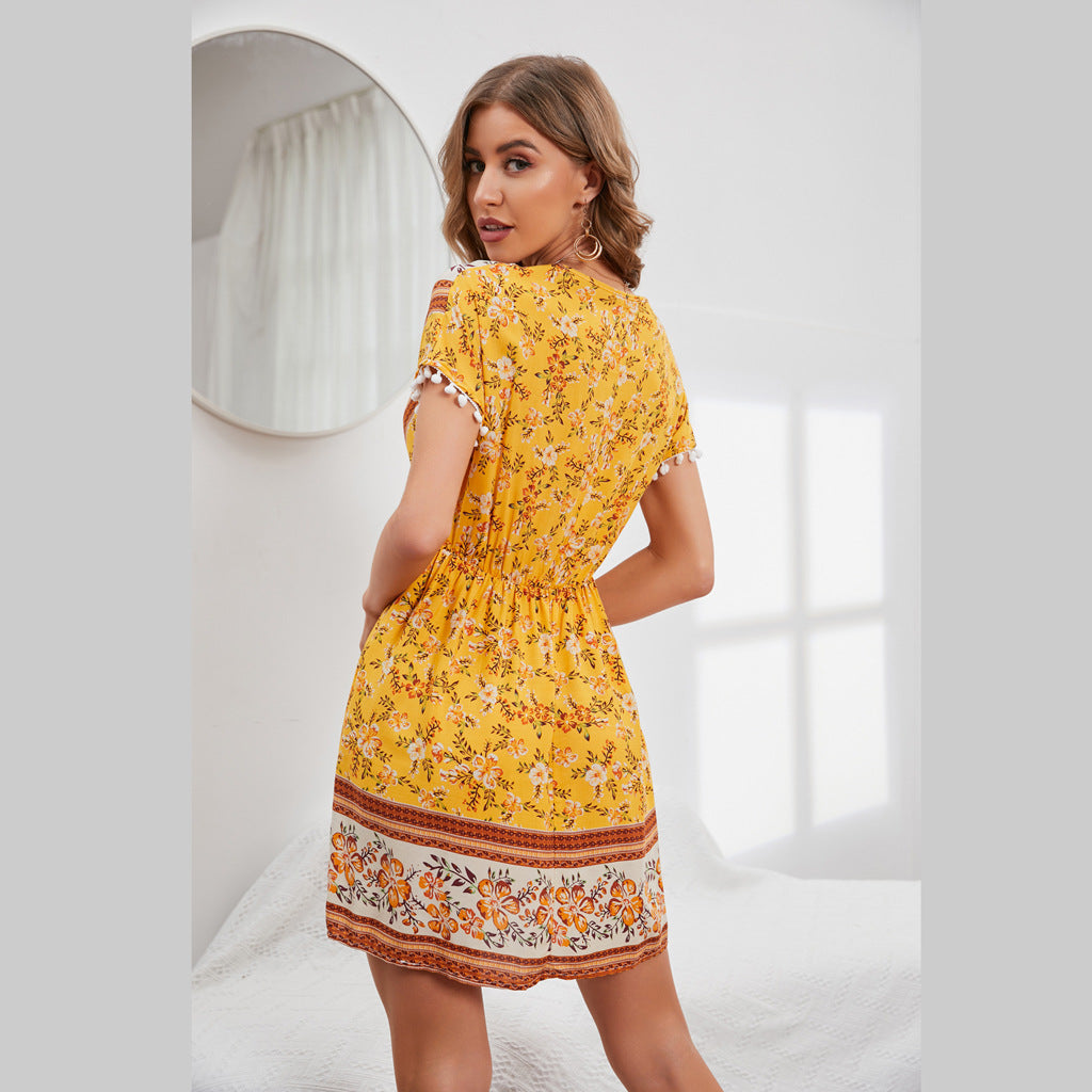 Cotton Summer Women's Short Sleeve V Neck Boho Floral Dress