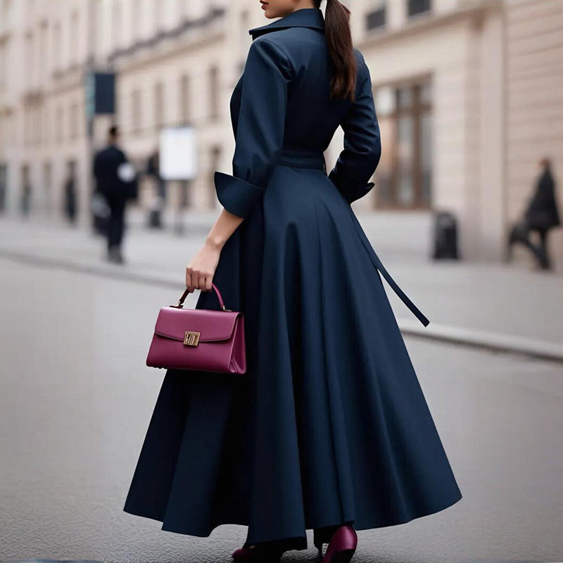 Women's Button Down Midi Dress, Long Sleeve V-Neck Tie Waist Casual Dress