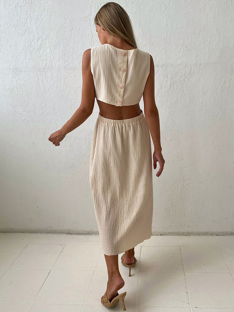 Fashion Casual Back Single Breasted Waist Revealing Design Sundress