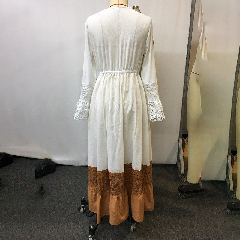 Boho Chic Maxi Dress, Women's Vintage-Inspired Lace Trim With Deep V-Neck Elegant Dress, No Belt Included