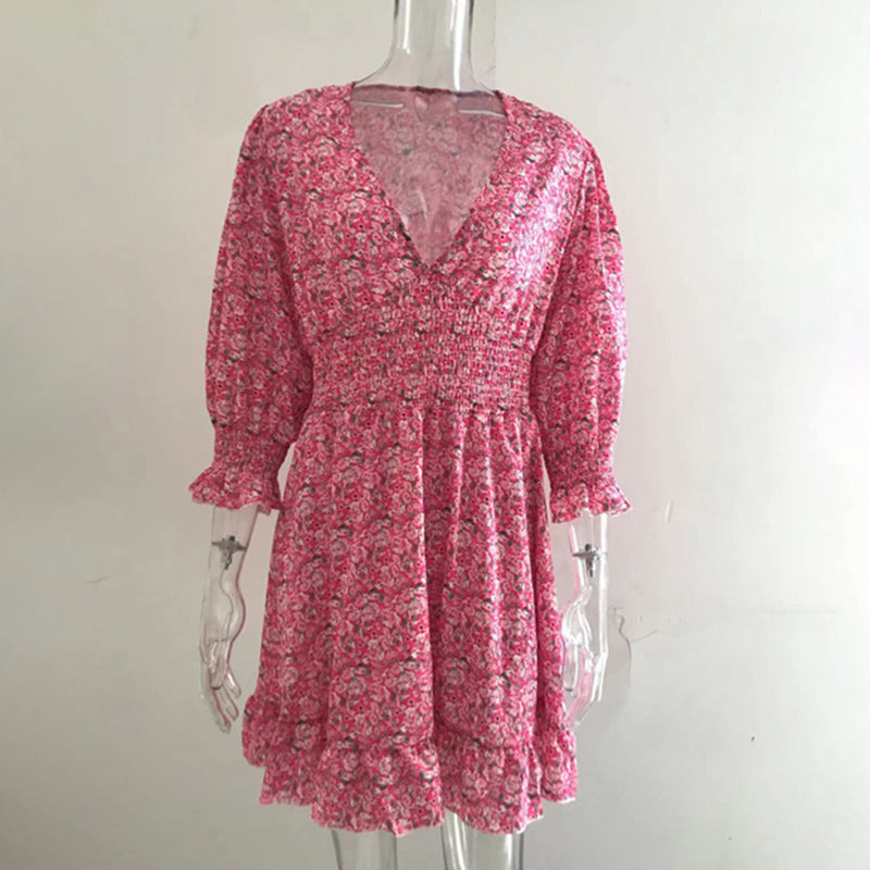 Womens Boho Floral Deep V Neck Smocked Elastic Waist Casual A-Line Swing Mini Dress Sundress