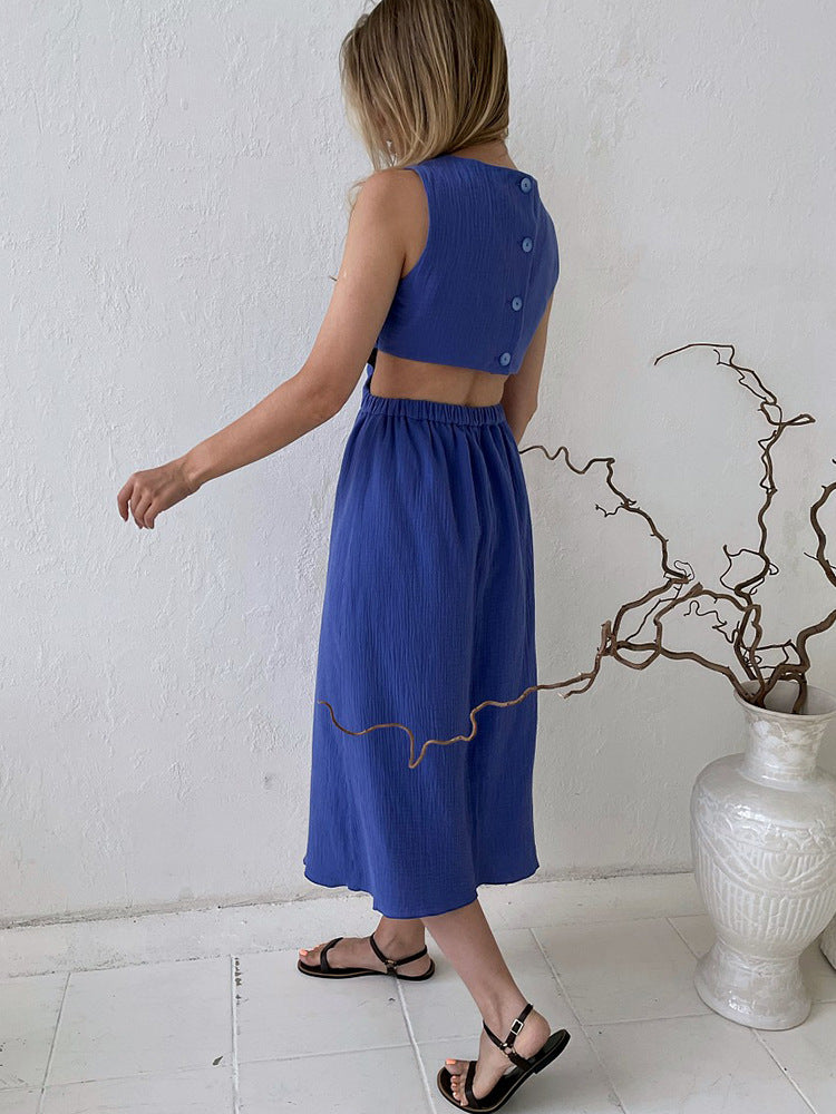 Fashion Casual Back Single Breasted Waist Revealing Design Sundress