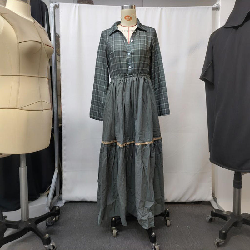 Women's Striped Maxi Dress, Lapel Collar Button Front Long Sleeve A-Line Dress For Camping And Vacation