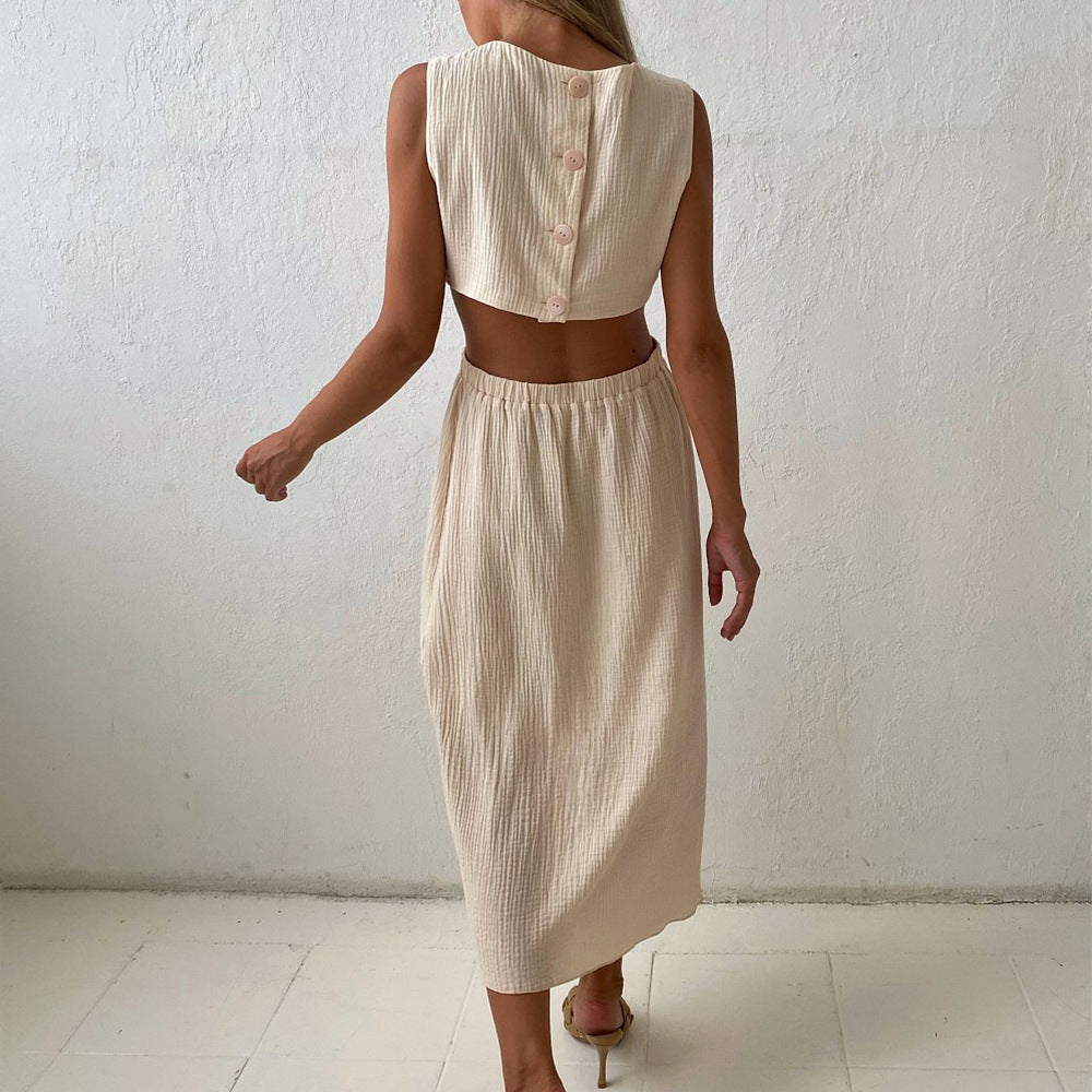 Fashion Casual Back Single Breasted Waist Revealing Design Sundress