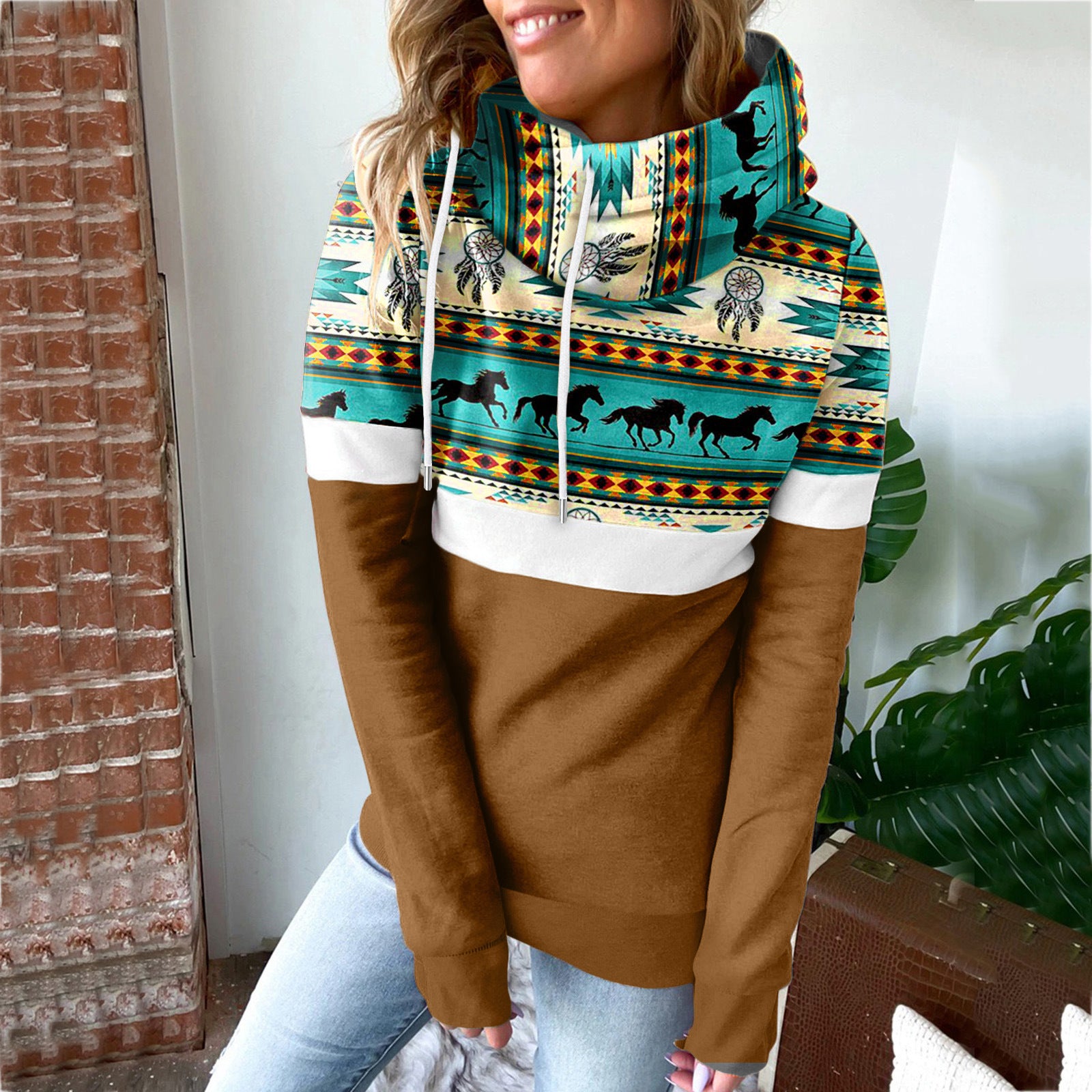 Women's Printed Patchwork Hooded Casual Sweatshirt