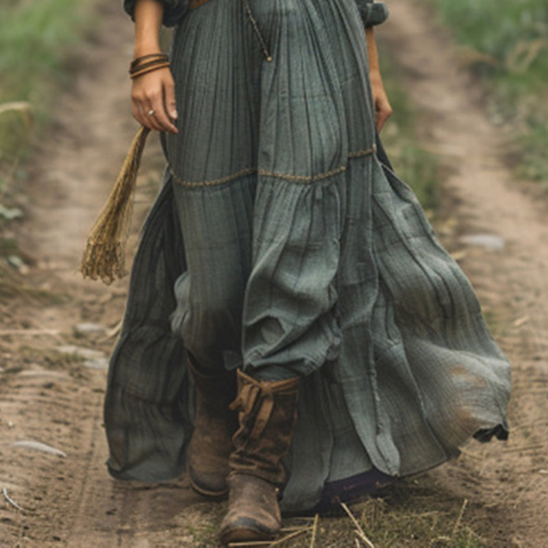 Women's Striped Maxi Dress, Lapel Collar Button Front Long Sleeve A-Line Dress For Camping And Vacation