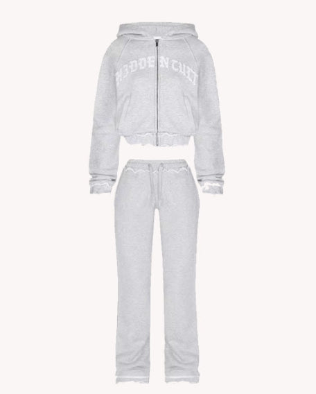Ins Letter Sports Suit Zip-up Hooded Cropped Sweatshirt Top And Loose Drawstring Trousers Fashion Womens Clothing