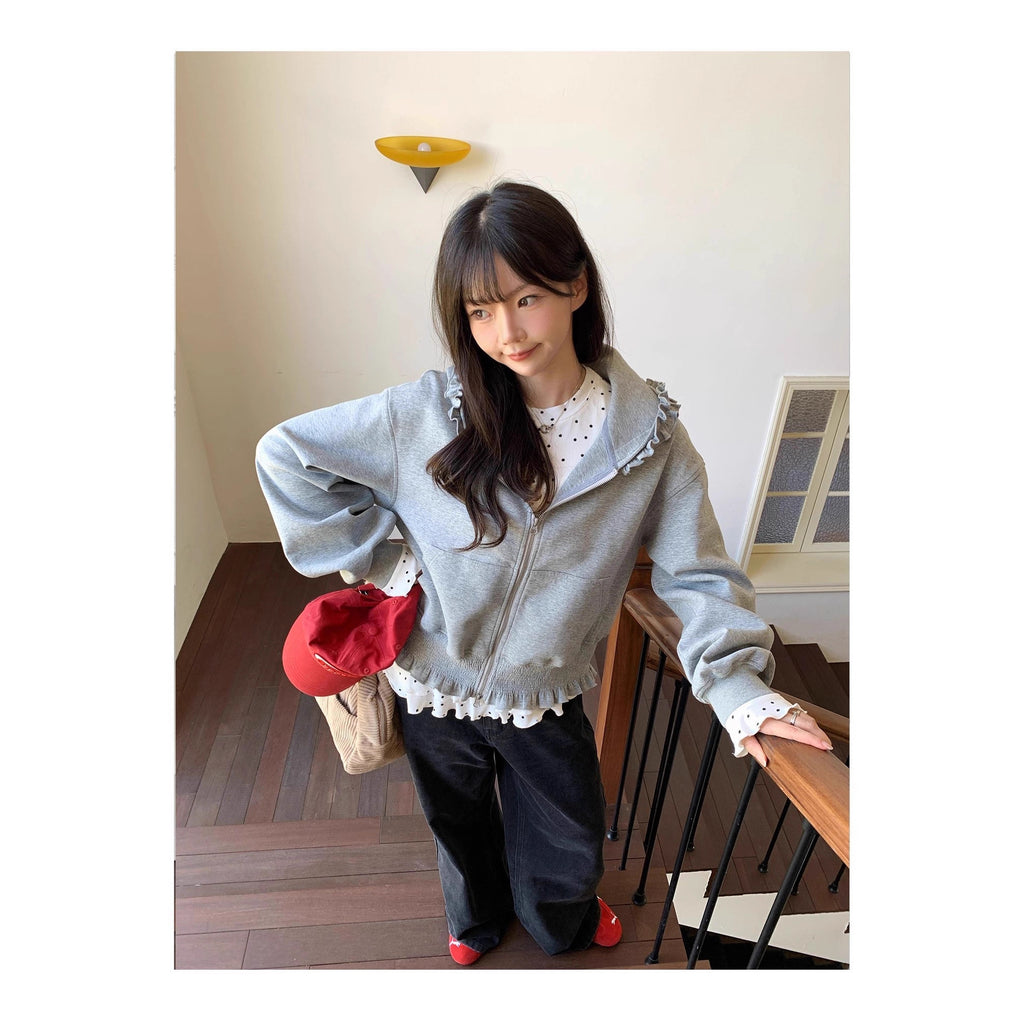 Gray Hooded Sweatshirt With Wood Ear Lace Jacket For Women