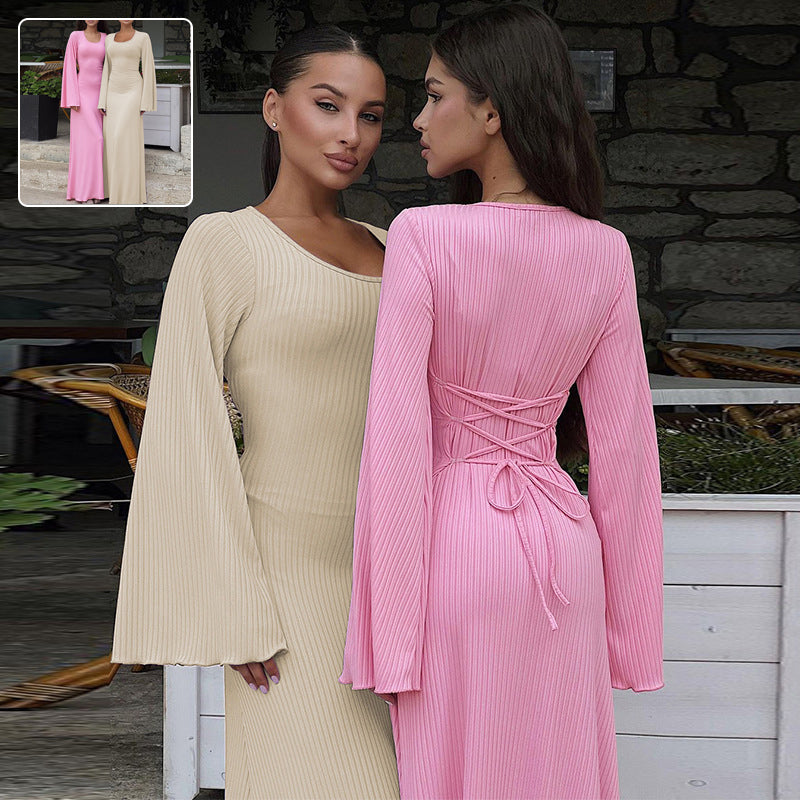 Fashion U-neck Dress Back Lace-up Long Bell Sleeve Dresses Women